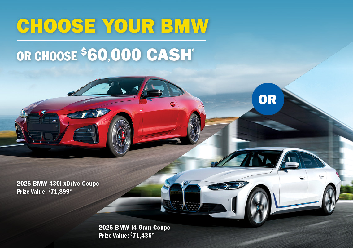 Choose your ride, or choose $57,000 cash. 2025 BMW i4 and 2025 Mustang Mach-E Premium.