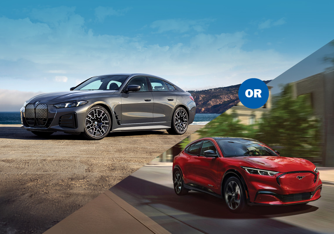 Choose your ride, or choose $57,000 cash. 2025 BMW i4 and 2025 Mustang Mach-E Premium.